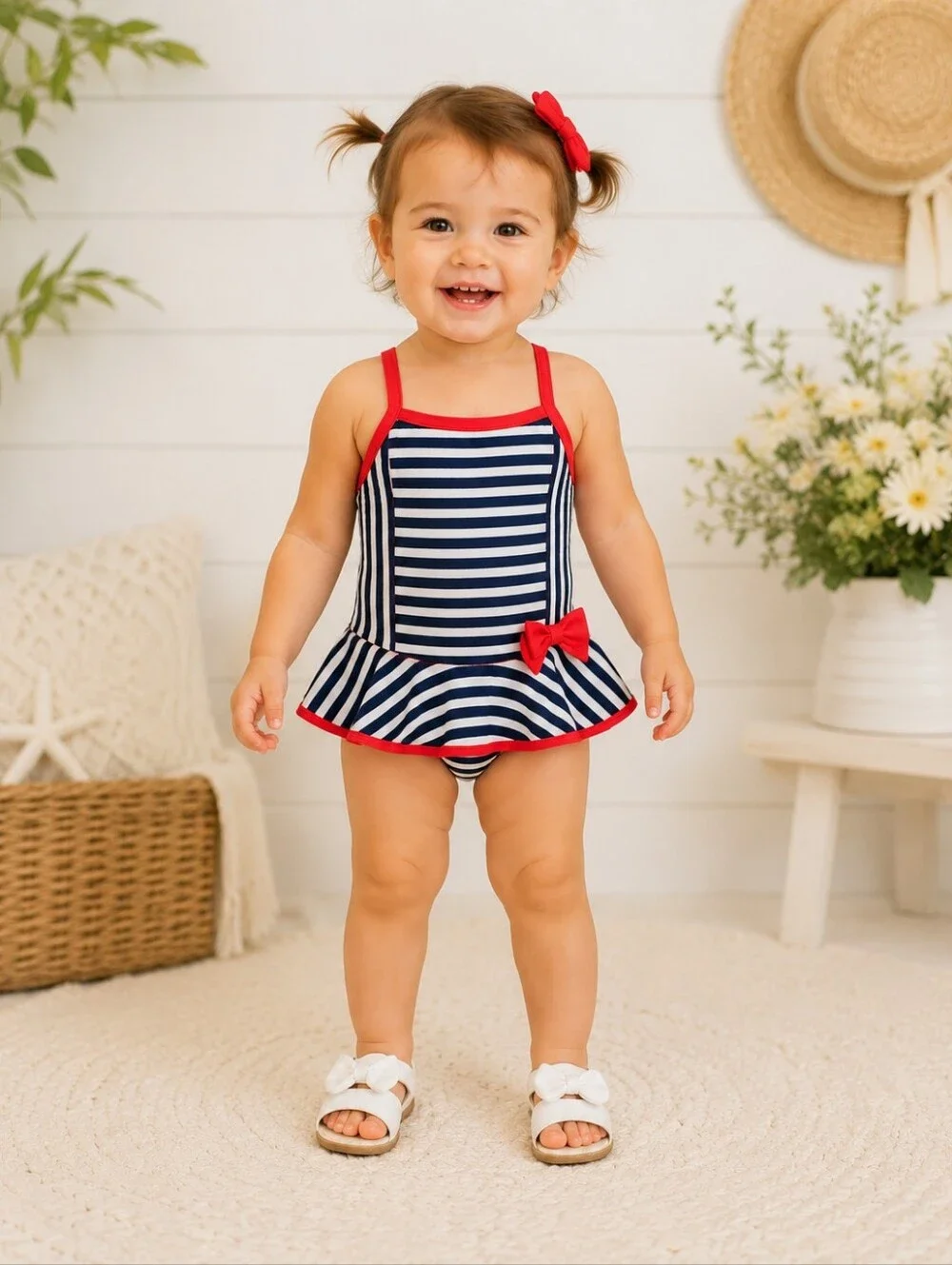 Cat & Jack Girls Navy Stripe Peplum One Piece Swimsuit Red Bow Size 2T